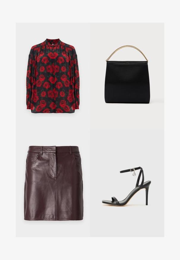 Zwarte doorschijnende blouse met rode rozenprint, ronde kraag en lange mouwen. Voorzijde met knoopsluiting en plooitjes op de schouders.; Bordeauxrode leren mini rok met een gladde textuur, zakken aan de voorkant en lussen voor een riem. Kenmerkt zich door strakke lijnen en een eenvoudig ontwerp.; Zwarte sandaal met hoge hak, smalle enkelband, vierkante neus, soepel leermateriaal en metalen gespsluiting.; Zwarte tas van gladde stof met een gestructureerde vorm, een handvat van gouden ketting en een minimalistisch geometrisch ontwerp.