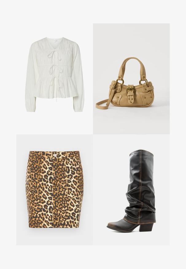 Blusa blanca de manga larga con tres cierres frontales de lazo, detalles de tejido fruncido, puños elásticos y dobladillo de estilo peplum.; Minifalda de mezclilla con estampado de leopardo en tonos marrones y beige, que presenta un cierre con botones en la parte delantera y dos bolsillos laterales.; Bota alta de cuero negro con estilo holgado, detalles en marrón, puntera puntiaguda y tacón apilado sobre un fondo blanco liso.; Bolso de cuero beige con doble asa, hebilla y remaches de latón, y una correa de hombro ajustable sobre un fondo blanco.