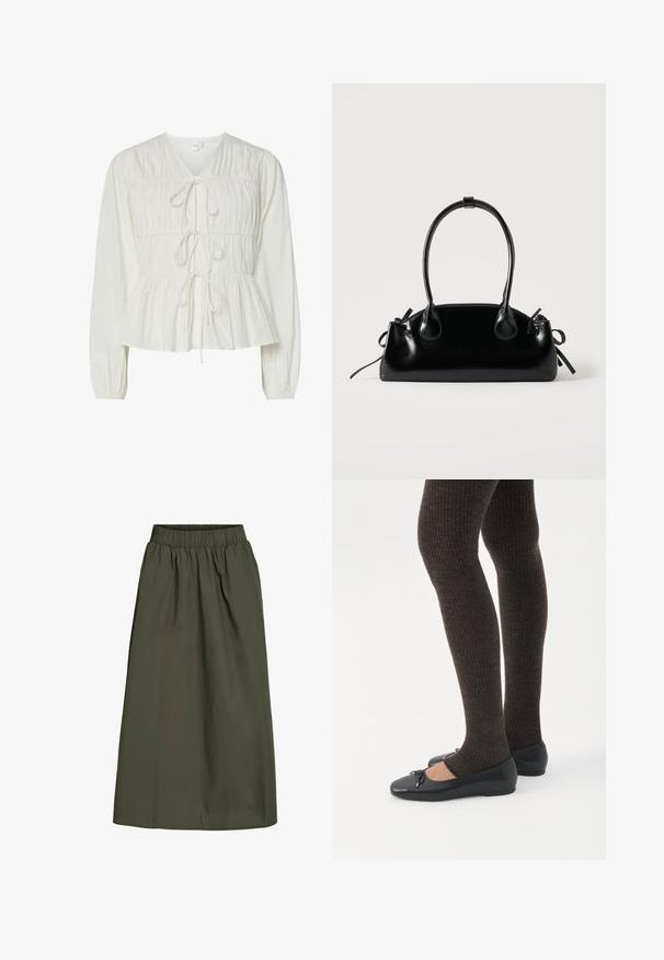 Hvid langærmet bluse med tre frontknytningslukninger, samlede stofdetaljer, elastiske manchetter og en peplum-stil kant.; Olivengrøn, ankel-længde nederdel med samlet elastisk talje og en glat, let krøllet stoftekstur.; Ben iført mørke ribbede leggings kombineret med sorte balletsko med små sløjfedetaljer på hvid baggrund.; Lille sort blank håndtaske med to lange håndtag og snøre-detaljer i siden på en ensfarvet lys baggrund.