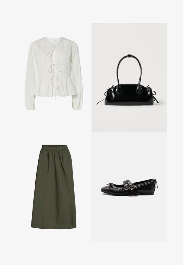 Blusa blanca de manga larga con tres cierres frontales de lazo, detalles de tejido fruncido, puños elásticos y dobladillo de estilo peplum.; Falda de color verde oliva, hasta los tobillos, con cinturilla elástica con fruncido y una textura de tela suave y ligeramente arrugada.; Zapato de ballet plano negro con correas de doble hebilla, ojales plateados y un pequeño lazo cerca de la puntera redondeada sobre un fondo blanco.; Pequeño bolso negro brillante con dos asas largas y detalles de cordón lateral sobre un fondo claro liso.