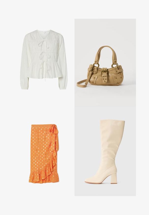 Hvid langærmet bluse med tre frontknytningslukninger, samlede stofdetaljer, elastiske manchetter og en peplum-stil kant.; Orange wrap nederdel med guld polka prikker, flæsekant og sidebinding. Lavet af letvægtsstof, der har en glat tekstur.; Cremefarvet knælange støvle med blokhæl og glat overflade, vist i sideprofil på en ensfarvet baggrund.; Beige læderhåndtaske med dobbelte håndtag, messing spænde og nitte detaljer samt en justerbar skulderrem mod en hvid baggrund.