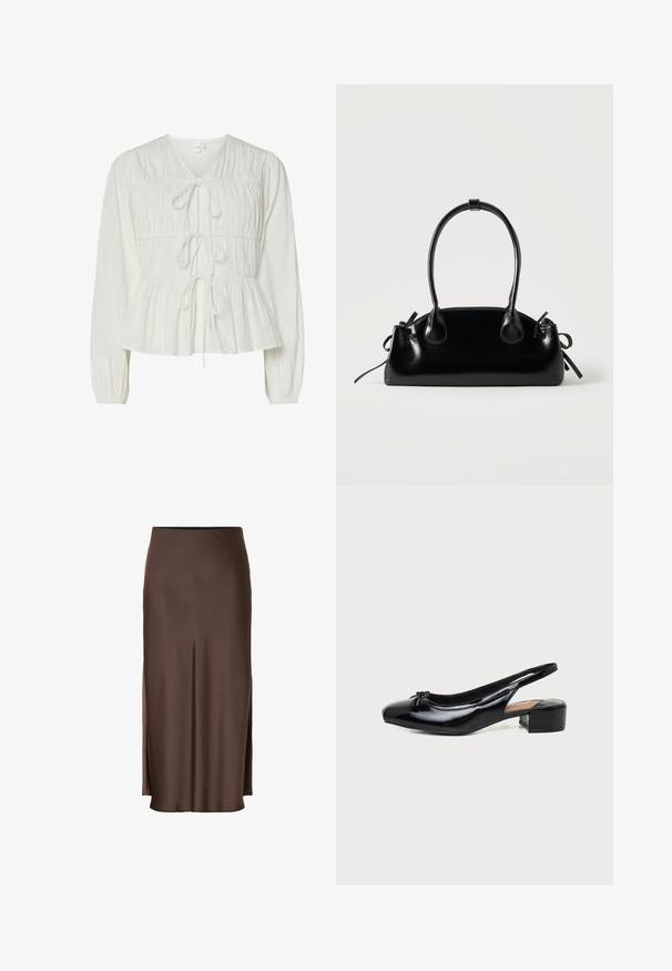 Hvid langærmet bluse med tre frontknytningslukninger, samlede stofdetaljer, elastiske manchetter og en peplum-stil kant.; Brun satin nederdel med et lige design, der har sideslids for let bevægelse og en glat tekstur gennem stoffet.; Sort laklæder slingback sko med lav blokhæl og lille sløjfedetalje på den runde tå, vist i sidevisning mod hvid baggrund.; Lille sort blank håndtaske med to lange håndtag og snøre-detaljer i siden på en ensfarvet lys baggrund.