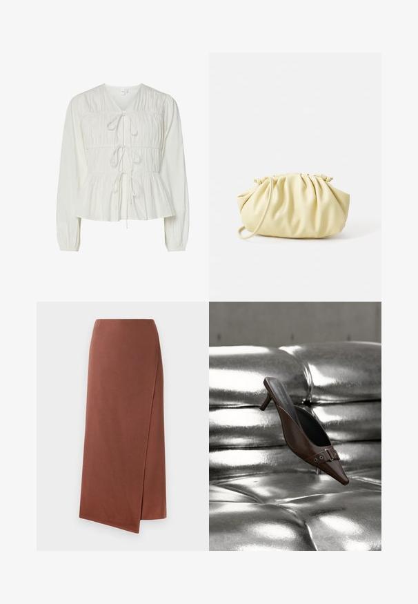 Weiße Bluse mit langen Ärmeln, drei vorderen Bindeschließen, gerafften Stoffdetails, elastischen Bündchen und einem Peplum-Saum.; Brauner, langer Wickelrock aus glattem Stoff mit gerader Silhouette. Verfügt über einen seitlichen Schlitz für optimale Bewegungsfreiheit. Schlichtes Design ohne Muster.; Brauner spitzer Mule mit Absatz und Schnallendetail, der über einer glänzenden silbernen, gesteppte Lederoberfläche schwebt.; Gelbe, gefaltete Handtasche aus glattem Kunstleder mit weicher Form, einzigem Schulterriemen und gerafftem Oberteil.