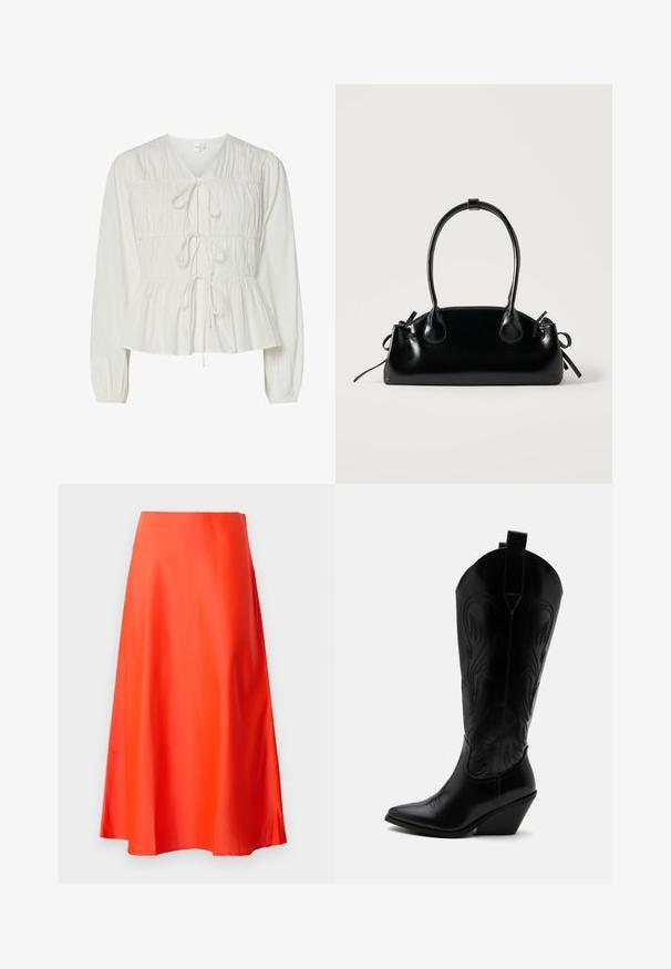 Hvid langærmet bluse med tre frontknytningslukninger, samlede stofdetaljer, elastiske manchetter og en peplum-stil kant.; Rød satin midi-nederdel med en glat tekstur, A-line silhuet og en subtil flare ved kanten. Ingen synlige mønstre eller pynt.; Sort læder cowboystøvle med spidst tåparti, skråt blokhælhæl, dekorative sømme og trækstropper øverst mod hvid baggrund.; Lille sort blank håndtaske med to lange håndtag og snøre-detaljer i siden på en ensfarvet lys baggrund.