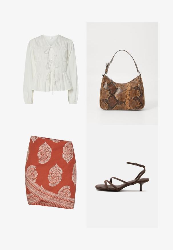 Hvid langærmet bluse med tre frontknytningslukninger, samlede stofdetaljer, elastiske manchetter og en peplum-stil kant.; Rustrød nederdel med hvide paisley- og blomster mønstre. Har en diagonal nederkant og et indviklet kantdesign langs den nederste kant.; Brun højhælet sandal med tynde krydsede stropper og en ankelrem med en sølvspænde på en hvid baggrund.; Lille håndtaske med brun og sort slangeskinn mønster, kort justerbar rem og lynlåslukning.