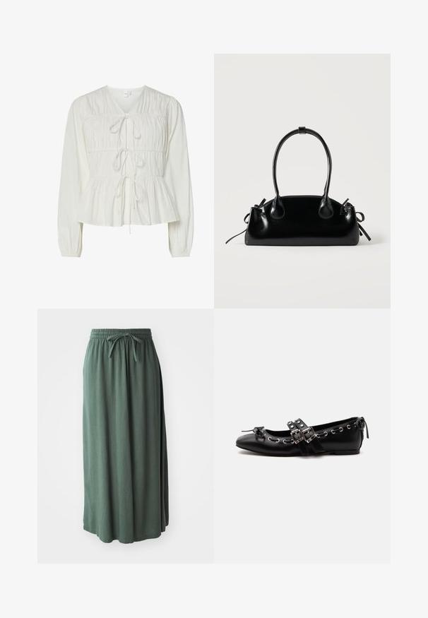 Hvid langærmet bluse med tre frontknytningslukninger, samlede stofdetaljer, elastiske manchetter og en peplum-stil kant.; Grøn, mellemlang nederdel lavet af blødt stof med elastisk talje og justerbar snøre; glat tekstur og enkelt design.; Sort flad balletsko med dobbelt spænde, sølvøjer og en lille sløjfe nær den runde tå på en hvid baggrund.; Lille sort blank håndtaske med to lange håndtag og snøre-detaljer i siden på en ensfarvet lys baggrund.