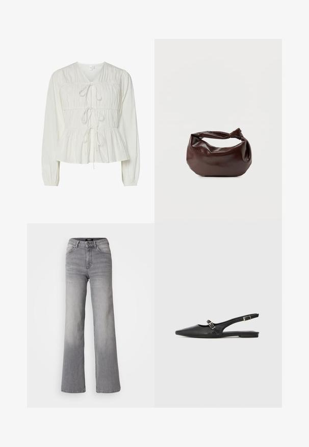 Blusa blanca de manga larga con tres cierres frontales de lazo, detalles de tejido fruncido, puños elásticos y dobladillo de estilo peplum.; Vaqueros de mezclilla gris de pernera recta y cintura alta, con botón y cremallera frontales, bolsillos delanteros y traseros, y efectos de desvanecimiento en los muslos y las pantorrillas.; Zapatos slingback de cuero negro con punta afilada, que cuentan con una correa estrecha y un detalle de hebilla plateada en el lateral. Suela plana.; Bolso de hombro de cuero marrón oscuro con una forma suave y caída, y un asa con nudo torcido sobre un fondo blanco liso.