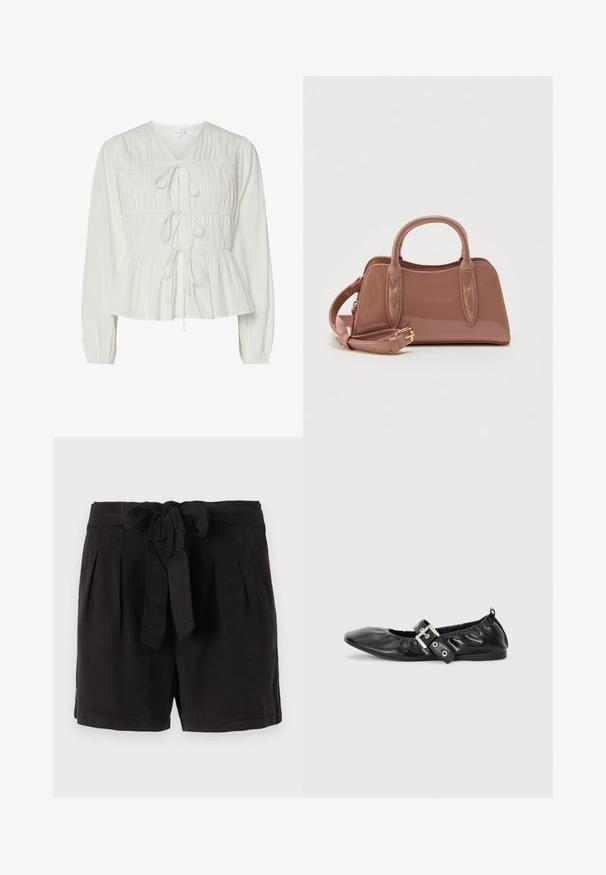 Blusa blanca de manga larga con tres cierres frontales de lazo, detalles de tejido fruncido, puños elásticos y dobladillo de estilo peplum.; Pantalones cortos de algodón negros con un cinturón de lazo en la cintura, pliegues en la parte delantera y bolsillos laterales. Textura suave y diseño casual.; Zapato plano de piel negra con puntera afilada, detalle fruncido alrededor de la abertura y un acento de hebilla plateada en la correa ajustable.; Bolso brillante color rosa con dos asas superiores, una correa de hombro desmontable y detalles decorativos de costura. Forma compacta y estructurada.
