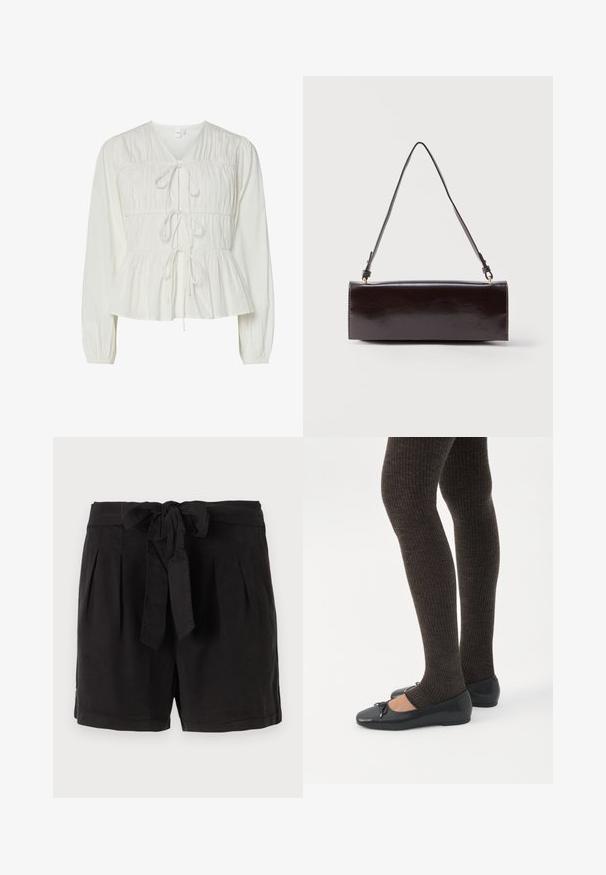 Hvid langærmet bluse med tre frontknytningslukninger, samlede stofdetaljer, elastiske manchetter og en peplum-stil kant.; Sorte bomuldsshorts med bindebælte i taljen, plisséer foran og sidelommer. Glat tekstur og afslappet design.; Ben iført mørke ribbede leggings kombineret med sorte balletsko med små sløjfedetaljer på hvid baggrund.; Rektangulær sort læderhåndtaske med en enkelt lang rem og blank finish, vist mod en ensfarvet hvid baggrund.