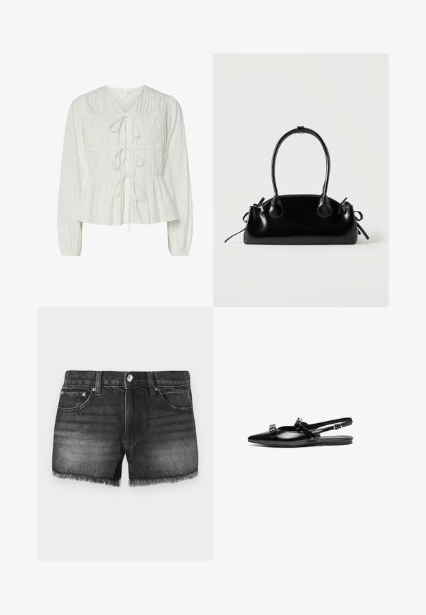 Hvid langærmet bluse med tre frontknytningslukninger, samlede stofdetaljer, elastiske manchetter og en peplum-stil kant.; Sorte denimshorts med frayed kant, fem lommer og kobberdetaljer. Den falmede overflade har en subtil tekstur og klassisk design.; Sort læderslingback flad sko med spids tå, prydet med volangdetaljer på bæltet og justerbar ankelrem. Glat overfladetextur.; Lille sort blank håndtaske med to lange håndtag og snøre-detaljer i siden på en ensfarvet lys baggrund.
