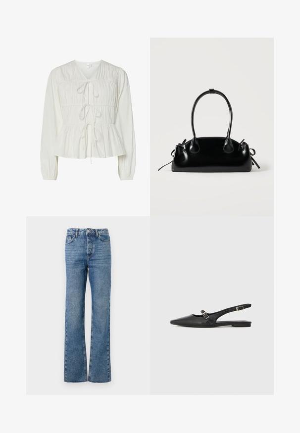 Weiße Bluse mit langen Ärmeln, drei vorderen Bindeschließen, gerafften Stoffdetails, elastischen Bündchen und einem Peplum-Saum.; Ausgestellte blaue Jeans aus Denim. Sie verfügen über fünf Taschen, einen Knopf- und Reißverschluss, ein ausgewaschenes Muster an den Beinen und eine gerade Passform.; Schwarze Slingback-Schuhe aus Leder mit spitzer Zehenpartie, schmalem Riemen und silberner Schnallenverzierung an der Seite. Flache Sohle.; Kleine schwarze glänzende Handtasche mit zwei langen Griffen und seitlichen Kordelzug-Details vor einfachem hellem Hintergrund.