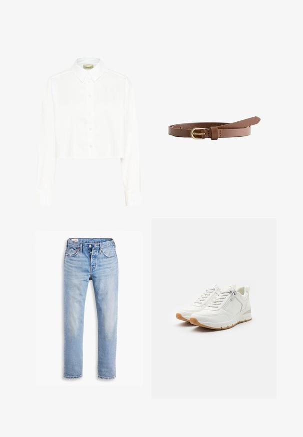 Witte cropped blouse met lange mouwen, puntige kraag en knoopsluiting aan de voorkant. Gemaakt van gladde stof met een strak, minimalistisch ontwerp.; Lichtblauwe spijkerbroek met een rechte snit, twee zijzakken en een knoopsluiting. Verweerd textuur met lichte vervaging bij de knieën.; Witte sneakers met een geprofileerd ontwerp, voorzien van een zijrits, een vetersluiting aan de voorkant en een gumrubberen zool voor grip.; Smalle bruine leren riem met een goudkleurige metalen gesp, opgerold op een witte achtergrond.