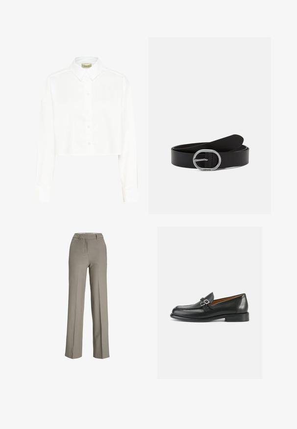 Hvid cropped skjorte med lange ærmer, spidset krave og knapper foran. Lavet af glat stof med et rent, minimalistisk design.; Lys grå, brede bukser lavet af et glat stof med en skræddersyet talje, frontfolder og sidelommer.; Sorte læderloafer med synligt sømdesign, der har en dobbelt spænde-detalje og en let forhøjet hæl for ekstra højde.; Sort læderbælte med en rund sølvspænde. Har en glat overflade og et minimalistisk design, med en ren kant og uden synlige mønstre.
