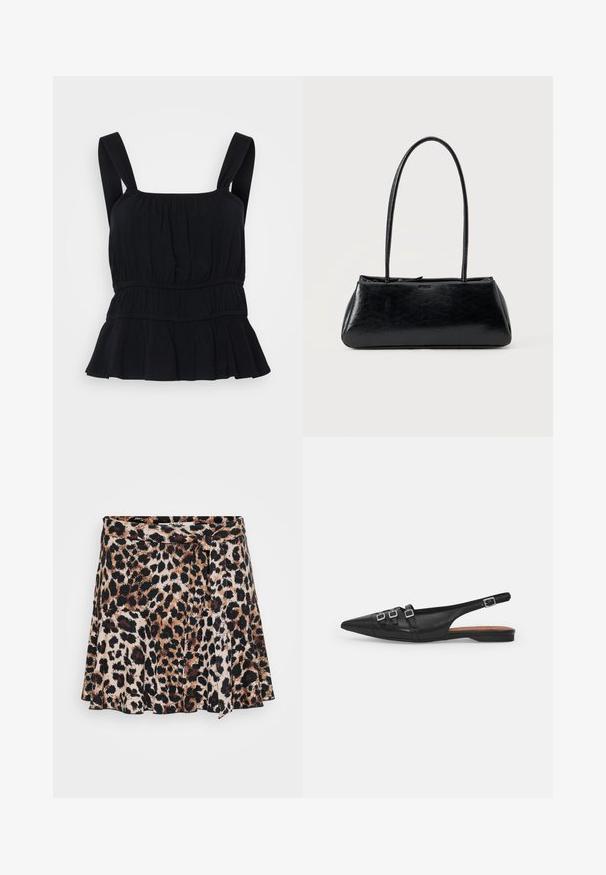 Top sin mangas negro con tirantes anchos, textura fruncida, cinturilla elástica y bajo acampanado. Fabricado con un tejido suave y elástico.; Falda envolvente de estampado de leopardo con diseño acampanado, que presenta tonos de marrón y negro sobre un fondo claro. Tela suave con textura lisa.; Zapato plano slingback de cuero negro con puntera puntiaguda, que presenta dos correas horizontales y hebillas plateadas cuadradas, tacón bajo y textura suave.; Bolso de hombro rectangular negro con correas largas y delgadas y una textura lisa y brillante sobre un fondo liso.