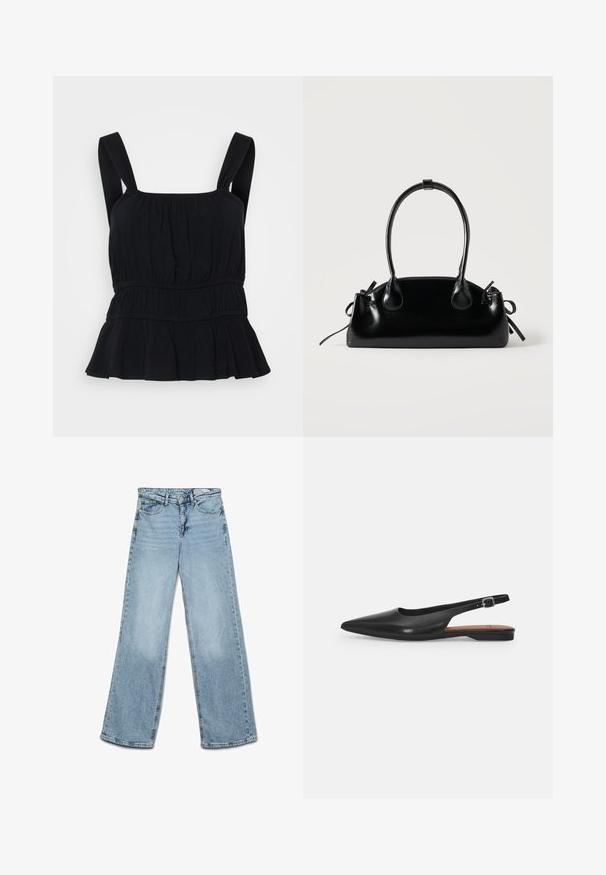 Must mustertop, mille rihmadega, kogutud tekstuuriga, elastse vöökohtadega ja laieneva peplum äärisega. Valmistatud pehmest ja venivast kangast.; Helehallid kõrge vöökohaga laia säärega teksapüksid, millel on nööbi- ja tõmblukuga sulgemine, esimesed ja tagumised taskud ning vööaasad.; Must musta slingback kingad terava ninaga, õrna läikega ja reguleeritava ankle strapiga. Lame konts ja pruun sisetald.; Väike must läikiv käekott kahe pika sangaga ja külgedel paelakinnitustega, ühel lihtsal helel taustal.