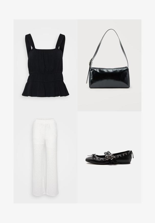 Top noir sans manches avec larges bretelles, texture plissée, taille élastique et ourlet peplum évasé. Fabriqué à partir d'un tissu doux et extensible.; Pantalons blancs avec un design évasé, ornés d'un motif chevron subtil, d'une taille élastique et d'un matériau texturé léger.; Chaussure de ballet plate noire avec doubles brides à boucle, œillets argentés et petit nœud près de l’orteil arrondi sur fond blanc.; Sac d'épaule rectangulaire noir avec une sangle réglable unique et une fermeture éclair supérieure sur un fond uni.