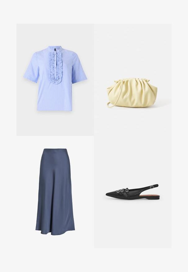 Camisa de manga corta azul claro con rayas blancas verticales, que presenta un plastrón con volantes y un cuello mao. Textura de tela suave.; Falda A-line de satén en azul oscuro. Textura suave, de largo hasta el suelo, con cintura ajustada y dobladillo acampanado. Sin patrones visibles ni elementos de hardware.; Zapato plano slingback de cuero negro con puntera puntiaguda, que presenta dos correas horizontales y hebillas plateadas cuadradas, tacón bajo y textura suave.; Bolso amarillo plisado hecho de cuero sintético suave, con una forma blanda y una sola correa para el hombro, además de un diseño de parte superior recogida.