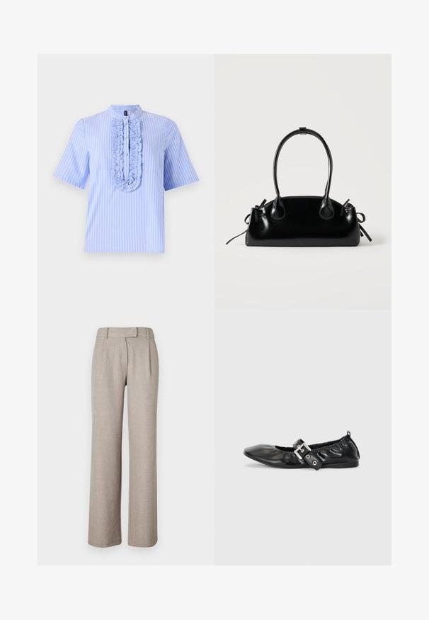 Camisa de manga corta azul claro con rayas blancas verticales, que presenta un plastrón con volantes y un cuello mao. Textura de tela suave.; Pantalones beige a medida de una tela texturizada, con un diseño de pierna recta y plisados en la parte delantera. Sin hardware ni patrones visibles.; Zapato plano de piel negra con puntera afilada, detalle fruncido alrededor de la abertura y un acento de hebilla plateada en la correa ajustable.; Pequeño bolso negro brillante con dos asas largas y detalles de cordón lateral sobre un fondo claro liso.