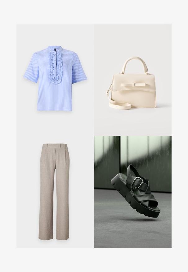 Camisa de manga corta azul claro con rayas blancas verticales, que presenta un plastrón con volantes y un cuello mao. Textura de tela suave.; Pantalones beige a medida de una tela texturizada, con un diseño de pierna recta y plisados en la parte delantera. Sin hardware ni patrones visibles.; Sandalias de plataforma negras con diseño de tiras cruzadas, hechas de cuero liso. Cuentan con una hebilla metálica y una suela gruesa y acanalada.; Pequeño bolso beige con asa superior, correa desmontable, solapa frontal y lazo decorativo horizontal sobre un fondo liso.