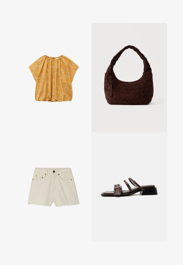 Gelbe Bluse mit kurzen Ärmeln, weißem Blumenmuster, gerafftem Rundhalsausschnitt und weiter, leicht aufgeblähter Passform.; Denim-Shorts in Off-White mit fransigem Saum, fünf Taschen und Metallakzenten. Sie verfügen über einen klassischen Bund und eine lockere Passform.; Braune Ledersandale mit geflochtenem Vordersteg, zwei schlanken Knöchelriemen mit Schnalle, niedrigem Blockabsatz und quadratischem Zehendesign.; Dunkelbraune gewebte Leder-Schultertasche mit weicher, abgerundeter Form und breitem Tragegriff, mit kleinem angebrachtem Lederanhänger.