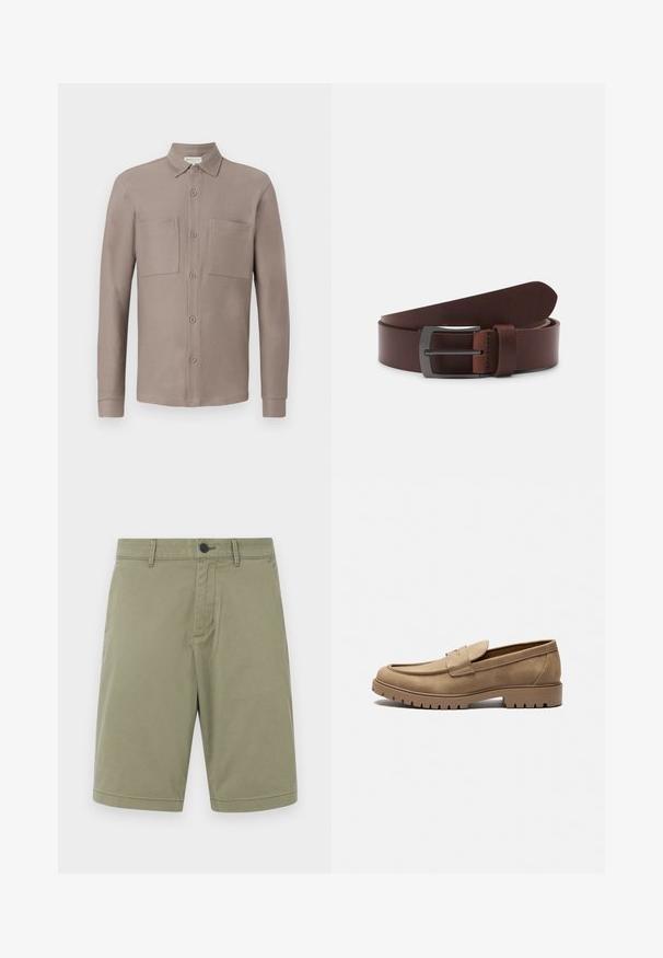 Chemise boutonnée couleur marron clair avec un col, deux poches poitrine et des manches longues en tissu lisse et texturé.; Shorts en kaki en coton, dotés de passants de ceinture, d'un bouton avant et d'un design à l'avant plat avec une finition soignée et sans poches.; Mocassins en daim beige avec un bout arrondi, semelle en caoutchouc plate et coutures décoratives sur la tige. Dispose d'un design à enfiler sans lacets.; Ceinture en cuir brun avec une texture lisse, dotée d'une pointe courbée et d'une boucle métallique rectangulaire au fini sombre.