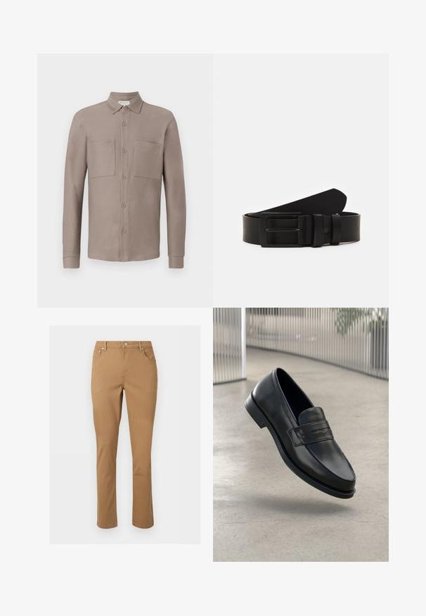 Chemise boutonnée couleur marron clair avec un col, deux poches poitrine et des manches longues en tissu lisse et texturé.; Pantalon marron à jambes droites avec poches avant, passants ceinture, fermeture éclair et bouton sur un fond clair uni.; Mocassin en cuir noir à texture lisse, bout pointu et bande décorative sur le cou-de-pied. Semelle légère, design minimaliste.; Ceinture en cuir noir roulée avec une boucle en métal rectangulaire noir mat et deux passants sur fond blanc.