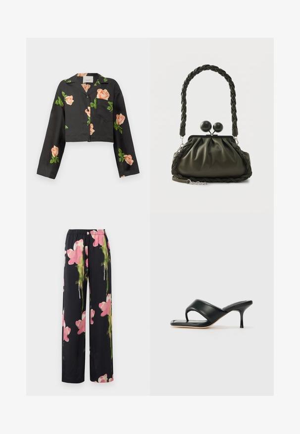 Afskåret sort skjorte med lange ærmer, prydet med broderi af ferskenrose og en frontlomme. Lavet af glat stof, med knaplukning.; Blomstrende brede bukser med sort baggrund, prydet med pink og grønne akvarel-lignende blomster. Blødt stof med elastisk talje.; STAND STUDIO JESSICA - Mules med hæl - black; Olivengrøn læderhåndtaske med flettet håndtag og sølvhardware, med en samlet design og runde låsedetaljer på toppen.