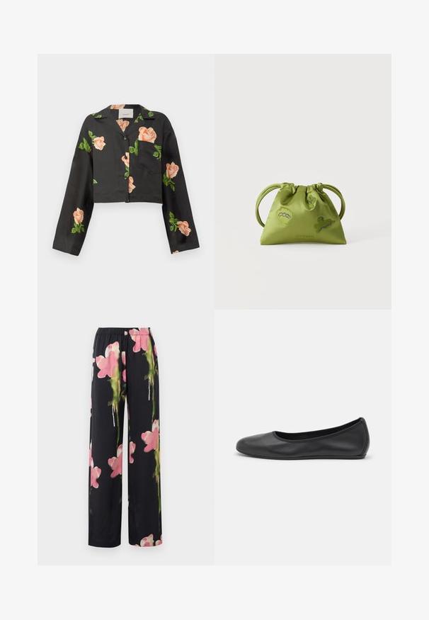 Afgekorte zwarte shirt met lange mouwen, voorzien van perzikkleurige rozenborduursels en een zak aan de voorkant. Gemaakt van gladde stof, met een knoopsluiting.; Bloemen brede broek met een zwarte achtergrond, versierd met roze en groene aquarelachtige bloemen. Zachte stof met een elastische tailleband.; Zwarte leren ballerina met een ronde neus, gladde textuur, minimale stikdetails en een flexibele zoolontwerp.; Groene handtas met trekkoord en twee handvatten, versierd met geborduurde blauwe en groene abstracte vormen, tegen een effen witte achtergrond.