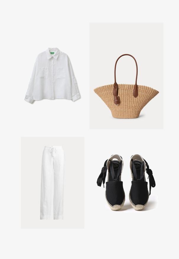 Camisa blanca de manga larga con botones, cuello y dos bolsillos en el pecho, mostrada extendida sobre un fondo blanco.; Pantalones blancos de lino con cintura de cordón, diseño de pierna ancha y dos bolsillos laterales. Textura suave con una apariencia ligera y aireada.; Espadrilles de lona negra con suela de yute y bordes trenzados. Cintas del mismo tejido negro para un ajuste ajustable. Diseño de puntera cerrada.; Bolso tote tejido de paja con forma amplia de abanico y asas y etiqueta de cuero marrón, sobre un fondo claro y liso.