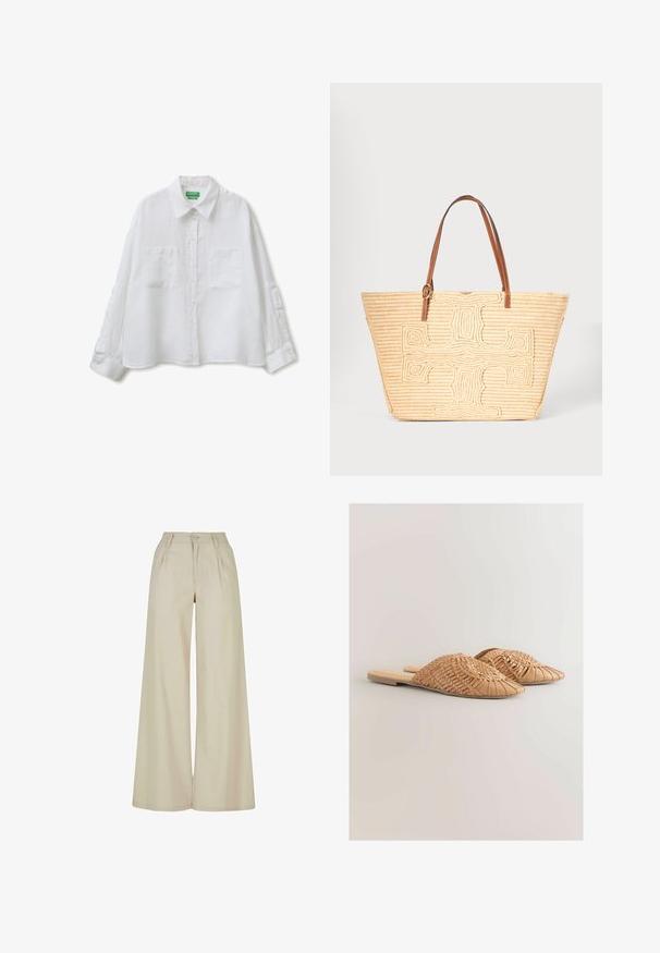Camisa blanca de manga larga con botones, cuello y dos bolsillos en el pecho, mostrada extendida sobre un fondo blanco.; Pantalones beige de pierna ancha con cintura alta, pliegues en la parte delantera, trabillas para cinturón y cierre con botón.; Sandalias deslizantes de cuero trenzado en color marrón claro, con un diseño de parte superior trenzada de gran tamaño y una suela plana. La punta afilada aporta un aspecto elegante.; Bolso tote tejido beige con un gran patrón de cruz texturizado en la parte delantera y correas de hombro de cuero marrón.