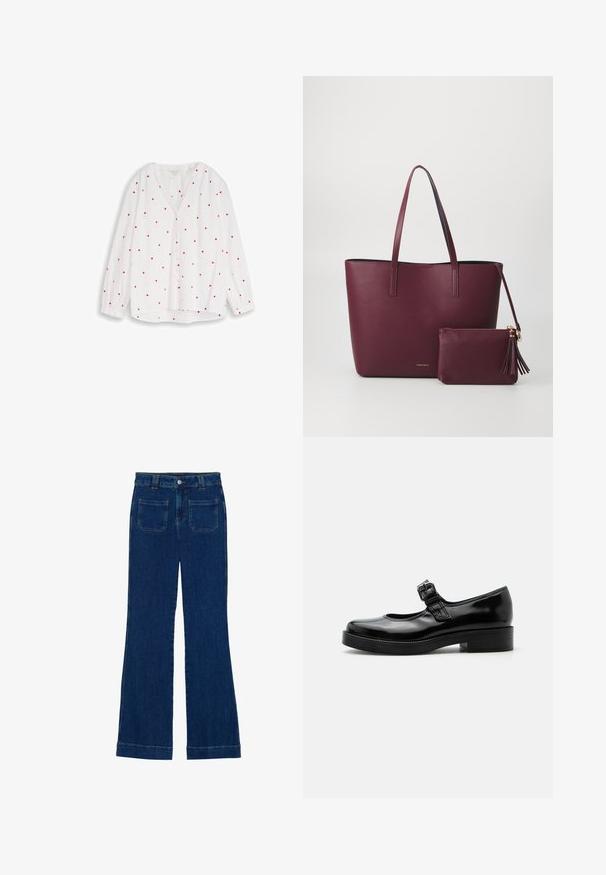 Witte blouse met lange mouwen en kleine rode hartvormige patroontjes, ronde halslijn en knoopsluiting aan de voorkant.; Donkerblauwe denim flared jeans met een gladde textuur, vijf zakken en een knoopsluiting aan de taille.; Zwarte lakleren Mary Jane-schoen met een ronde neus, lage blokhak en een verstelbare gespsluiting over de wreef.; Bordeaux vegan leren schoudertas met twee stevige handvatten, voorzien van een bijpassend ritszakje met kwastaccent. Gladde, gestructureerde afwerking.