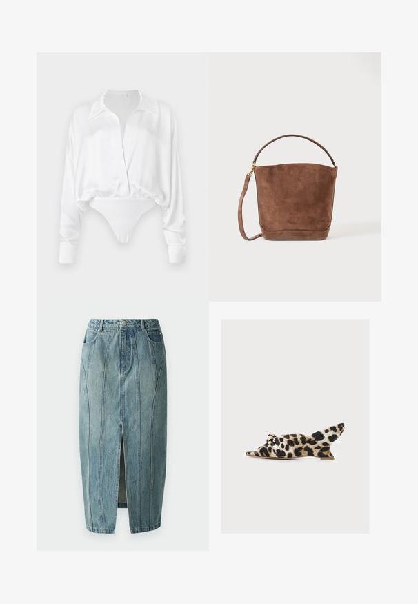 Hvid satin langærmet bluse med knaplukning foran, afslappet pasform og cropped design, der smelter sammen med en bodysuit bund. Glat tekstur.; Copenhagen Muse JEANNE SKIRT - Denimnederdele - medium dirty washed denim; Åben tå mule sko med lav kilehæl og knyttet overdel i leopardmønster på lys baggrund.; Brun ruskindsknapsack taske med en rundet top, enkel kort hank og aftagelig lang rem på ensfarvet baggrund.