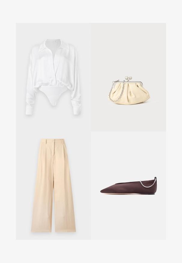 Blouse en satin blanc à manches longues avec un devant boutonné, coupe décontractée et design court se prolongeant en bas en body. Texture lisse.; Pantalon beige taille haute à jambes larges avec passants de ceinture et fermeture éclair devant sur un fond uni clair.; Chaussure plate marron foncé à bout pointu avec un petit talon et un détail chaîne en strass argentée à l'arrière.; Pochette en cuir beige plissé avec un cadre en métal argenté, dotée de deux fermoirs ronds décoratifs et d'une chaîne en argent.