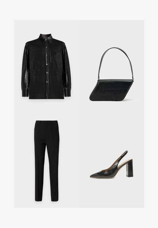 Chemise noire à manches longues en tissu brillant et texturé. Dotée d'un col à boutons, d'une poche poitrine à l'avant et de fermetures à boutons.; Pantalon noir à coupe slim, doté d'une fermeture à bouton, de deux poches latérales et d'une texture de tissu lisse. Des rayures verticales sont visibles.; Chaussure slingback en cuir noir à bout pointu avec un talon bloc haut et une doublure intérieure beige sur un fond clair uni.; Sac d'épaule en cuir noir de forme triangulaire, avec un logo embossé et une seule bandoulière réglable. Design minimaliste avec une texture lisse.
