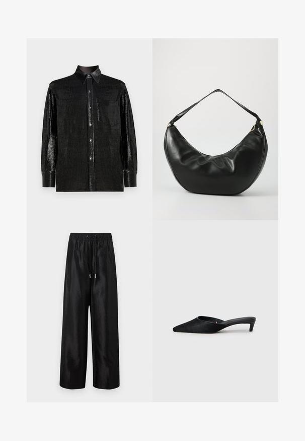 Zwarte langemouw shirt van glanzende, gestructureerde stof. Beschikt over een knoopsluiting kraag, een borstzak aan de voorkant, en knoopsluitingen.; Zwarte wijde broek van glanzende stof met een elastische tailleband en trekkoord, voorzien van accenten van zilverkleurig hardware.; Zwarte suède muilen met een spitse neus en een lage hak. Heeft een gladde textuur en een open achterkant voor gemakkelijk aan- en uittrekken. Eenvoudig ontwerp zonder patronen.; Zwarte leren schoudertas met een gebogen vorm, zachte textuur en een enkele schouderband; beschikt over een gouden rits en subtiele branding.