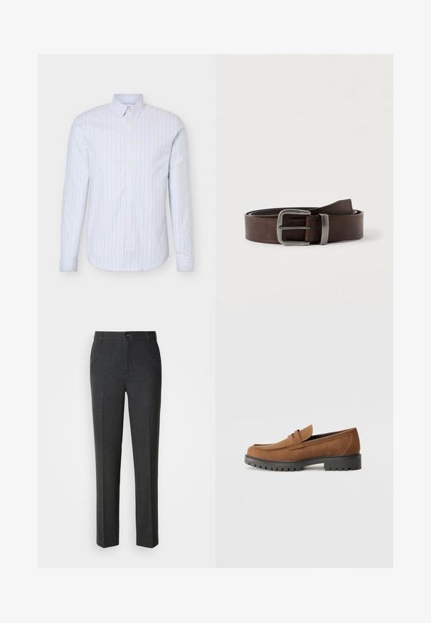 Camisa de hombre azul claro con botones, con rayas verticales blancas y finas rojas, mangas largas y cuello abotonado.; Pantalones oscuros a medida en una tela suave, con cierre de botón, dos bolsillos frontales y un diseño de pierna recta.; Mocasines de ante marrón con punta redondeada y una suela de goma negra baja, que presentan una correa decorativa y detalles de costura en la parte superior.; Cinturón de cuero marrón oscuro con hebilla rectangular plateada, enrollado y apoyado sobre un fondo neutro claro.