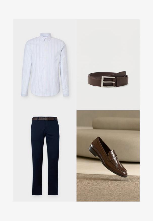 Lichtblauw herenoverhemd met knopen, verticale witte en dunne rode strepen, lange mouwen en een button-down kraag.; Marineblauwe trousers met een rechte pasvorm, gemaakt van katoen. Bevat een bruine leren riem en heeft een eenvoudig ontwerp zonder patronen of accenten.; Bruine leren loafer met een gestructureerd patroon, zwevend boven een beige tapijt met een bijpassende beige bank op de achtergrond.; Donkerbruin leren riem met een zilveren rechthoekige gesp, netjes opgerold op een eenvoudige witte achtergrond.