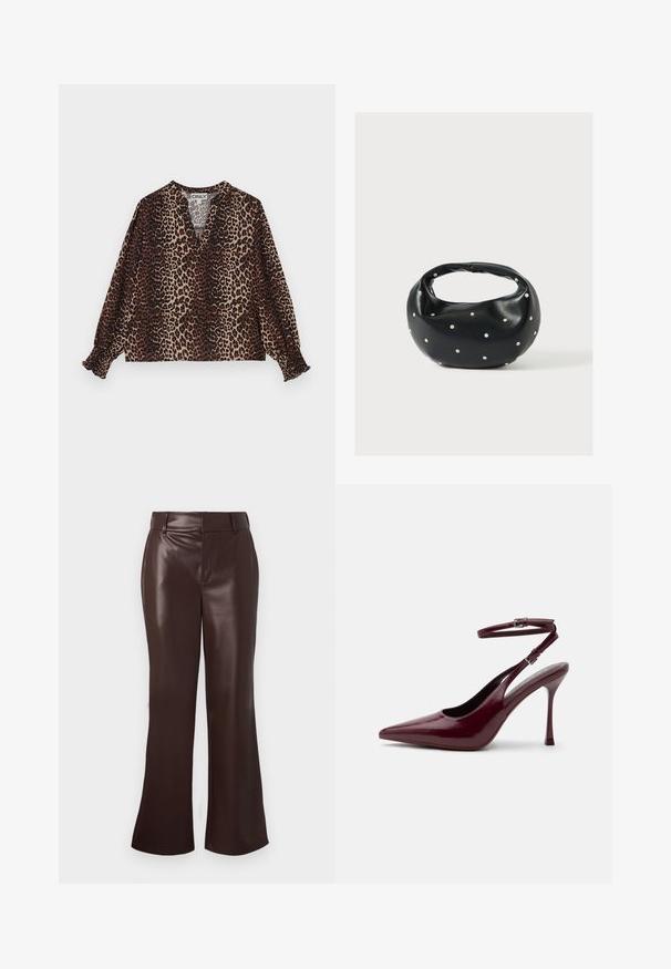 Blouse imprimée léopard avec un col en V, des manches longues et des poignets élastiques. Fabriquée dans un tissu doux et léger aux tons marron et beige.; Pantalons évasés en simili cuir marron avec une texture lisse, dotés d'une taille ceinturée et d'une fermeture éclair. Lignes épurées et silhouette élégante.; Chaussure à talon haut bordeaux brillant à bout pointu avec bride de cheville et boucle, talon aiguilles fin, vue de côté sur fond uni.; Sac à main en cuir noir de forme arrondie, décoré de clous argentés et équipé d'une poignée courte. Texture lisse et fermeture éclair.