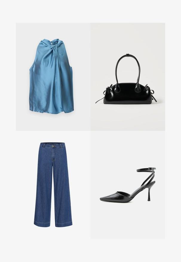 Ärmellose hellblaue Satinbluse mit gerafftem hohem Kragen und Schlüsselloch-Knopfverschluss hinten.; Weite Jeanshose in Dunkelblau. Aus Baumwolle gefertigt, mit Knopfverschluss, Vordertaschen und einem sauberen Saum.; Schwarzer spitzer High Heel mit dünnen Knöchelriemen und silberner Schnalle auf einfachem hellem Hintergrund.; Kleine schwarze glänzende Handtasche mit zwei langen Griffen und seitlichen Kordelzug-Details vor einfachem hellem Hintergrund.