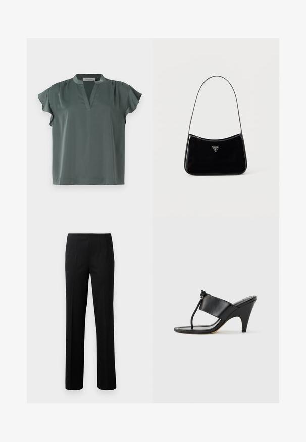 Blouse à manches courtes couleur olive en tissu lisse avec un col en V et des détails plissés aux épaules. Coupe décontractée avec un ourlet droit.; Pantalons noirs ajustés avec des rayures verticales, devant plat, deux poches latérales et une coupe droite. Fabriqués dans un tissu lisse.; Sandale noire à talon haut avec une large bride avant et une boucle d'orteil dotée d'un détail de corde nouée, vue de profil sur fond blanc.; Sac à bandoulière en cuir verni noir avec une sangle fine, logo triangulaire Guess sur le devant et une fermeture éclair supérieure.