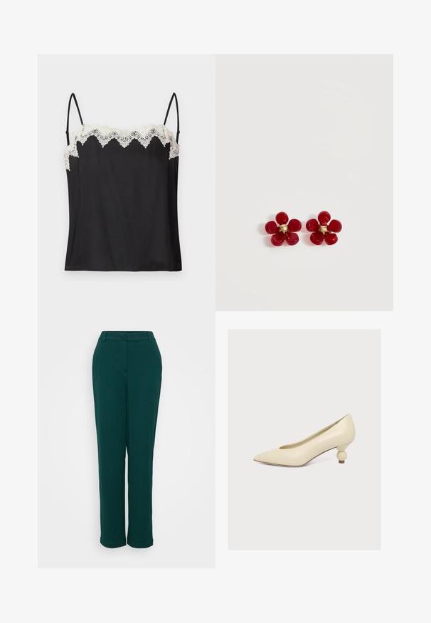 Schwarzes Camisole mit dünnen Trägern, verziert mit weißem, gewelltem Spitzenbesatz entlang des Ausschnitts. Glatter Stoff mit lockerem Schnitt.; Grüne hochgeschnittene Hose mit geradem Bein, aus glattem Stoff gefertigt, mit Fronttaschen und einem dezenten Bund.; Cremefarbener Pumps mit spitzer Spitze und niedrigem, einzigartigem birnenförmigem Absatz auf schlichten weißem Hintergrund.; Zwei rote Ohrringe in Form einer fünfblättrigen Blume mit kleinen goldfarbenen Zentren auf weißem Hintergrund.