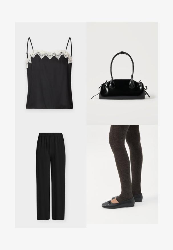 Camisole noire à fines bretelles, ornée d'une bordure en dentelle blanche festonnée le long du décolleté. Tissu lisse avec une coupe ample.; Pantalon noir avec taille élastique, coupe droite, fabriqué en tissu lisse, présenté à plat sur un fond blanc.; Jambes portant des leggings côtelés foncés associés à des ballerines noires avec de petits détails en nœud sur fond blanc.; Petit sac à main noir brillant avec deux longues anses et des détails à cordon sur les côtés sur un fond clair uni.