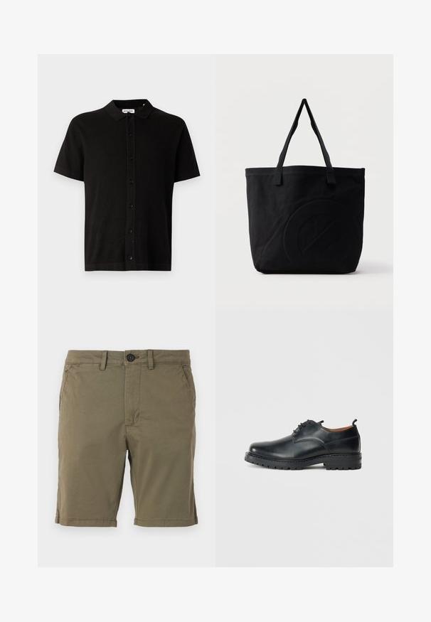 Chemise en tricot noir à manches courtes avec col, fermeture à boutons à l'avant, et un motif texturé subtil. Design classique avec une coupe décontractée.; Shorts vert olive en tissu mélangé coton, avec une fermeture à bouton, des poches avant et un bas ourlé avec des détails de couture subtils.; Chaussures derby en cuir noir avec une texture lisse, bout rond, design à lacets et une semelle en caoutchouc épaisse et robuste.; Sac fourre-tout en toile noire avec deux bandoulières et un motif circulaire discret en relief sur le devant.