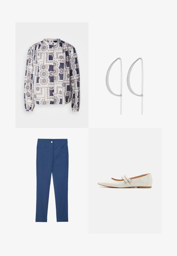 Blouse à motifs avec un col rond, de longues manches bouffantes, fermeture à boutons, présentant des designs géométriques dans des couleurs marine, blanche et verte.; Pantalons slim-fit bleus en mélange de coton, dotés d'un bouton frontal, d'une fermeture éclair, de deux poches et d'une texture lisse et propre.; Ballerines en cuir verni blanc avec un bout pointu, deux sangles décoratives avec des boucles en argent, et une semelle marron discrète.; Boucles d'oreilles en métal argenté avec un design courbé minimaliste, présentant des formes en goutte d'eau allongées et ouvertes avec une finition mate.