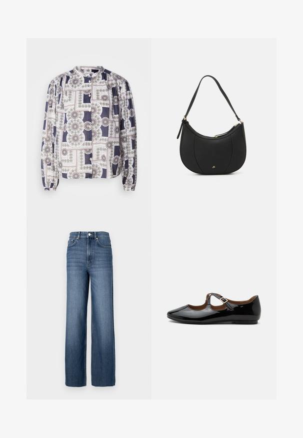 Gemusterte Bluse mit Rundhalsausschnitt, langen Puffärmeln und Knopfverschluss, die geometrische Designs in Marineblau, Weiß und Grün zeigt.; Blaue Jeans aus Denim mit hohem Bund und weitem Schnitt. Verfügt über ein klassisches Fünf-Taschen-Design und metallene Knopfdetails.; Schwarzer Mary Jane flacher Schuh aus Lackleder mit zwei Ausstanzungen und einem goldfarbenen Schnallenriemen auf weißem Hintergrund.; Schwarze Lederhandtasche mit geschwungenem Design, strukturiertem Material, vorderen Nähten und einem Logo in Goldtönen. Verfügt über einen einzelnen verstellbaren Tragegurt.