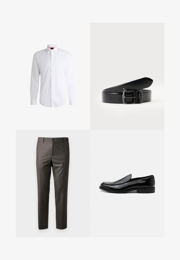 Chemise blanche à manches longues en tissu lisse avec un col classique et un ourlet arrondi. Présente des boutons beiges à l'avant.; Pantalons marron à chevrons avec une coupe slim, dotés d'une fermeture à bouton à l'avant et de poches latérales, fabriqués en tissu texturé avec un léger éclat.; Chaussure de ville noire en cuir brillant à enfiler, avec talon bas et bout arrondi, vue de côté sur fond blanc uni.; Ceinture en cuir noir roulée avec une boucle à ardillon métallique noire, sur un fond clair uni.