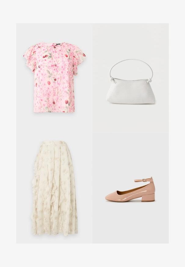 Blusa rosa claro de manga corta con delicado patrón floral y de fresas, con mangas con volantes y escote redondo.; Falda larga color crema con sutil patrón floral y detalles de volantes en cascada, confeccionada con tela ligera y translúcida.; Zapatilla plana de charol rosa con punta redondeada, tira al tobillo y tacón bajo. Textura suave y diseño minimalista.; Bolso de mano de cuero blanco tejido con asa redondeada y extremos de la correa anudados, exhibido sobre un fondo liso.