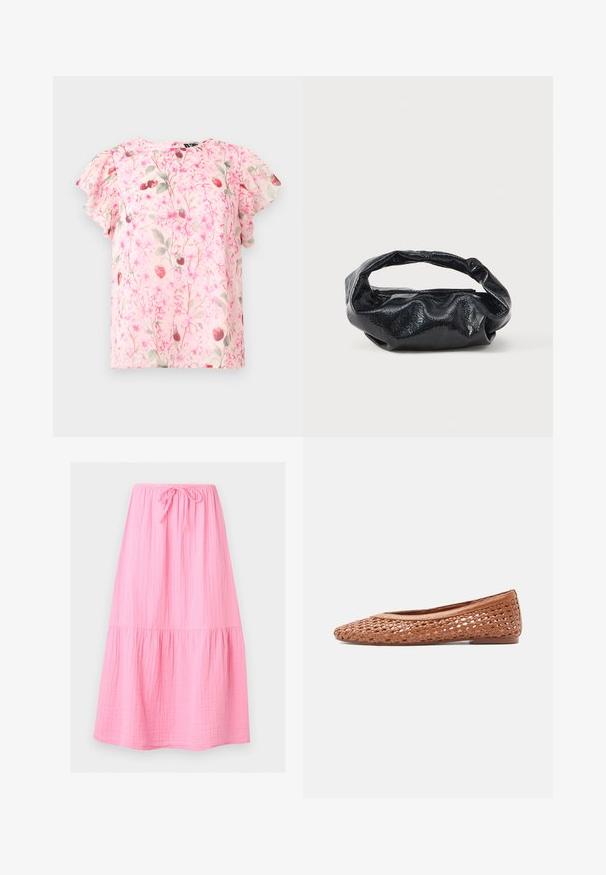 Blouse rose clair à manches courtes avec un motif floral et fraises délicat, dotée de manches à volants et d'un col rond.; Jupe midi rose avec taille élastique et cordon, tissu léger froissé, détail froncé près de l'ourlet.; Chaussure plate en cuir tressé marron avec bout arrondi et petit talon, profil latéral sur un fond clair uni.; Sac noir en matériau texturé et brillant avec une poignée circulaire torsadée et une fermeture éclair. Présente un design doux et froissé.