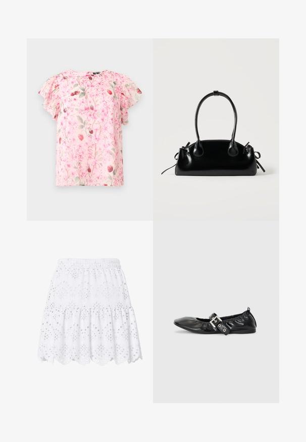 Blouse rose clair à manches courtes avec un motif floral et fraises délicat, dotée de manches à volants et d'un col rond.; Jupe courte blanche à volants avec taille élastique, broderie anglaise et ourlet festonné décoré de motifs floraux.; Chaussure plate en cuir noir avec un nez pointu, des détails froncés autour de l'ouverture et un accent en boucle argentée sur la bride ajustable.; Petit sac à main noir brillant avec deux longues anses et des détails à cordon sur les côtés sur un fond clair uni.