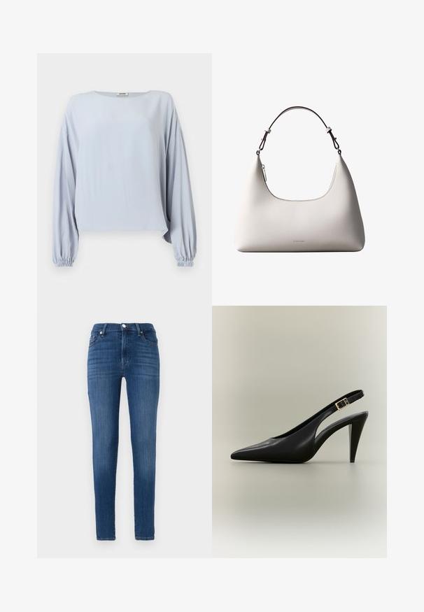 Lyseblå bluse med lange ærmer, brede, samlede manchetter og løs pasform, med rund halsudskæring og ensfarvet design.; Slanke jeans lavet af mørkeblå denim. Har høj talje, forlommer og subtil falming. Lige benudskæring med søm.; Sort læder slingback med spids tå, høj hæl, guldlås og tilspidset hæl på en neutral baggrund.; Cremefarvet skuldertaske i læder fra Calvin Klein med buet topkant, sølvfarvet lynlås og mørkebrun justerbar rem.